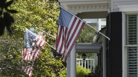 American flags hanging in one of the historic districts of Savannah