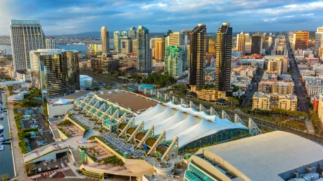 Aerial view of the downtown area of San Diego, California with the convention center in the foreground shot from an altitude of about 700 feet