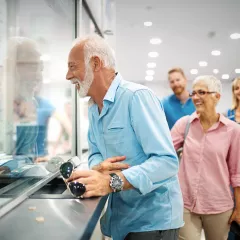 A happy elderly couple validating tickets at an airport