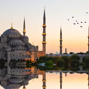 Grand Mosque against the clear blue sky in Istanbul, Turkey