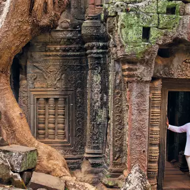 Image of a woman looking up in the ruins of an ancient temple in the rainforest