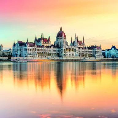 Hungarian Parliament at sunset in Budapest, Hungary