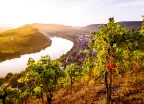 Sunrise at the Moselle river bend over the village Bremm, Germany