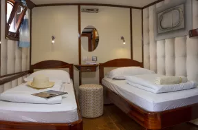 Interior shot of twin bedroom aboard the Ms Mendula cruise ship with glossy, wooden bedframes and fresh linen