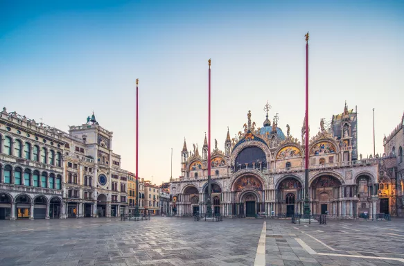 No people to be seen at St Marks Square and St. Mark's Basilica in the early morning, Venice, Italy.