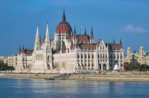 The Hungarian Parliament Building on the bank of the Danube in Budapest, Hungary.