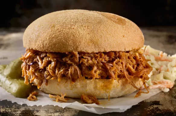 Pulled Pork Sandwich in a Savoury bread roll with BBQ Sauce with Coleslaw