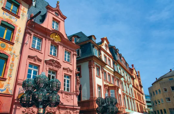 Old decorative houses at the main city square in Mainz, Germany