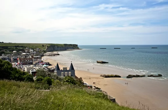 Arromanches Gold beach on a bright day in Normandy
