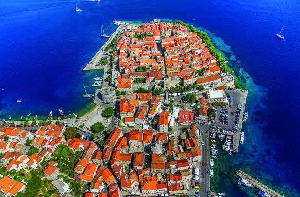 Aerial helicopter shoot of Korčula old town in Dubrovnik