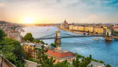 Aerial view of the Hungarian Parliament building and bridge over the Danube river in Budapest