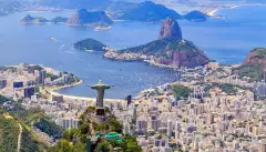 Aerial view of the Corcovado Christ statue and Botafogo Bay in Rio de Janeiro, Brazil