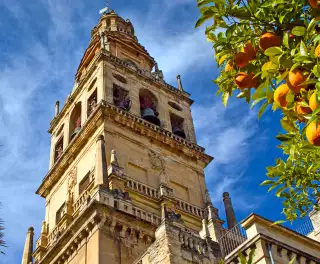 A view of the Bell Tower of Mosque-cathedral of Cordoba beneath a sky blue.