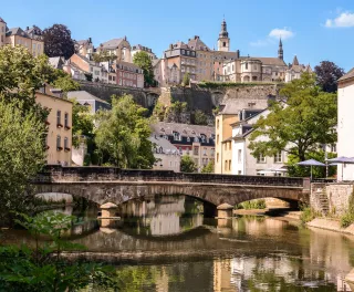 View of Luxembourg city and bridge over the Alzette river in Western Europe