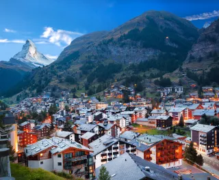 Zermatt village with a view of the peak of the Matterhorn mountain, Swiss Alps