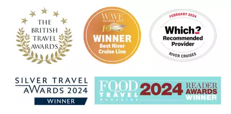 A set of certificate logos, showcasing Riviera as the winner of The British Travel awards, 2024 Best River Cruise Line, Which recommended Provider, Silver Travel Awards 2024 and Food & Travel reader awards 2024.