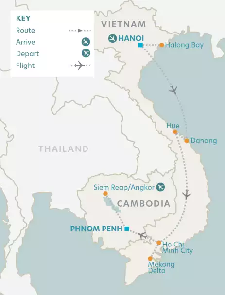 Route map for Vietnam and Cambodia tour