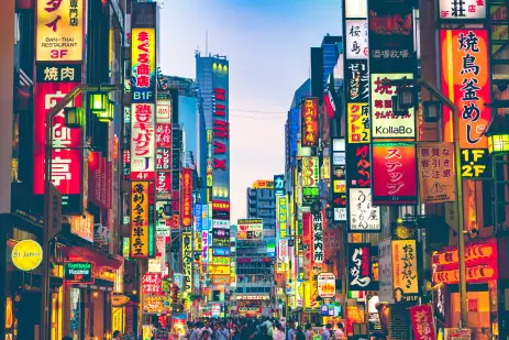 Kabukicho pass illuminated at night in Shinjuku district, Tokyo.