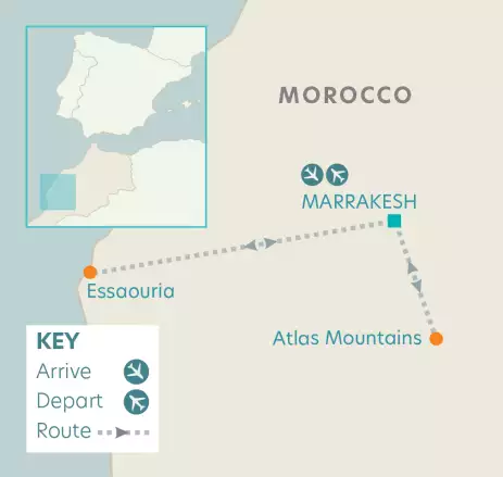 Route map of a flight connection from Marrakesh